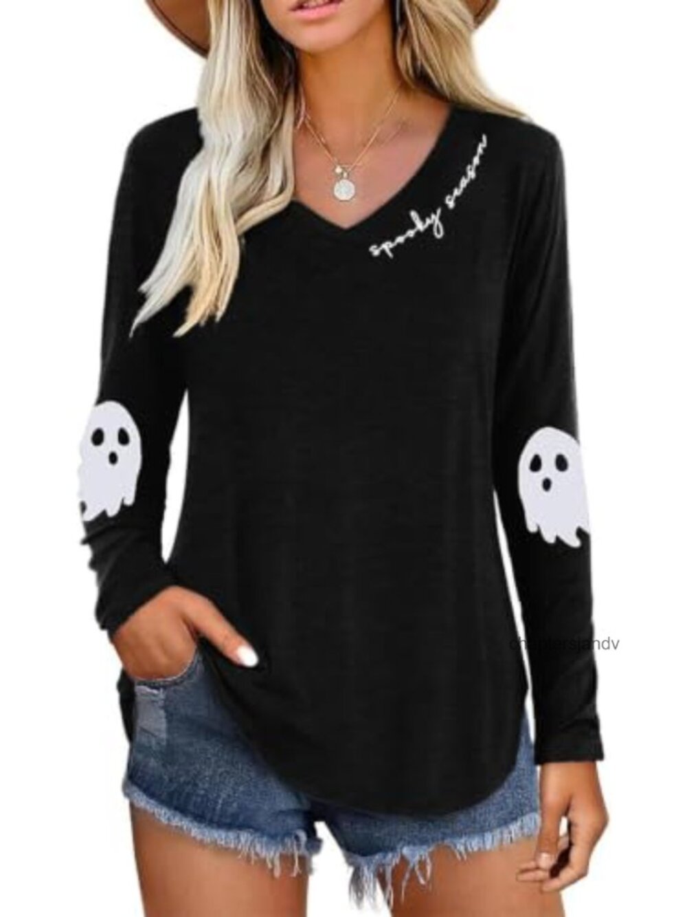 Women's Long Sleeve V Neck Funny Ghost Graphic Halloween Tee